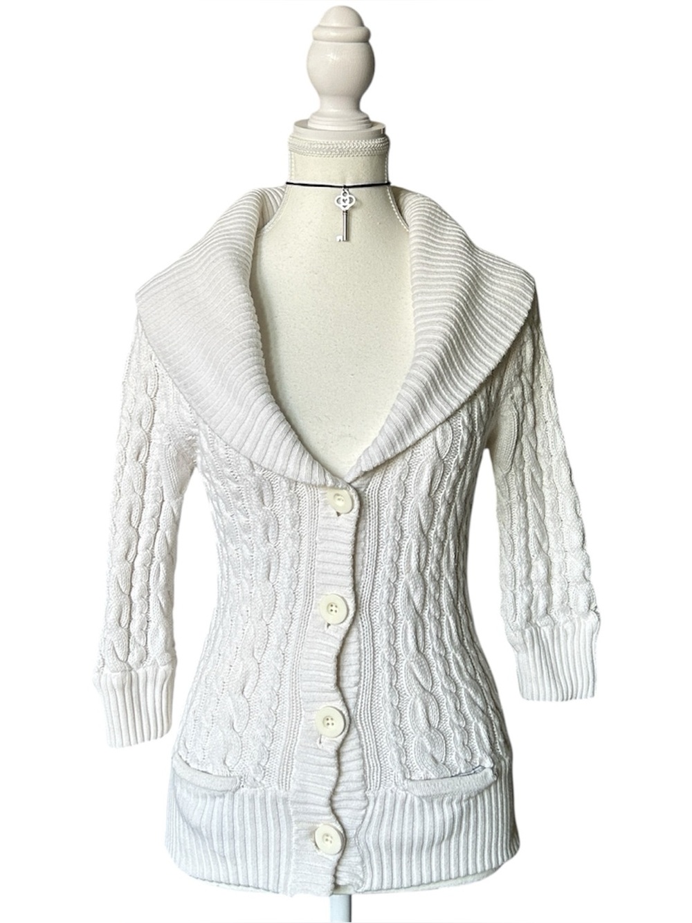Y2K Coquette “American Eagle” White Chunky Cable Knit Button-up Sweater